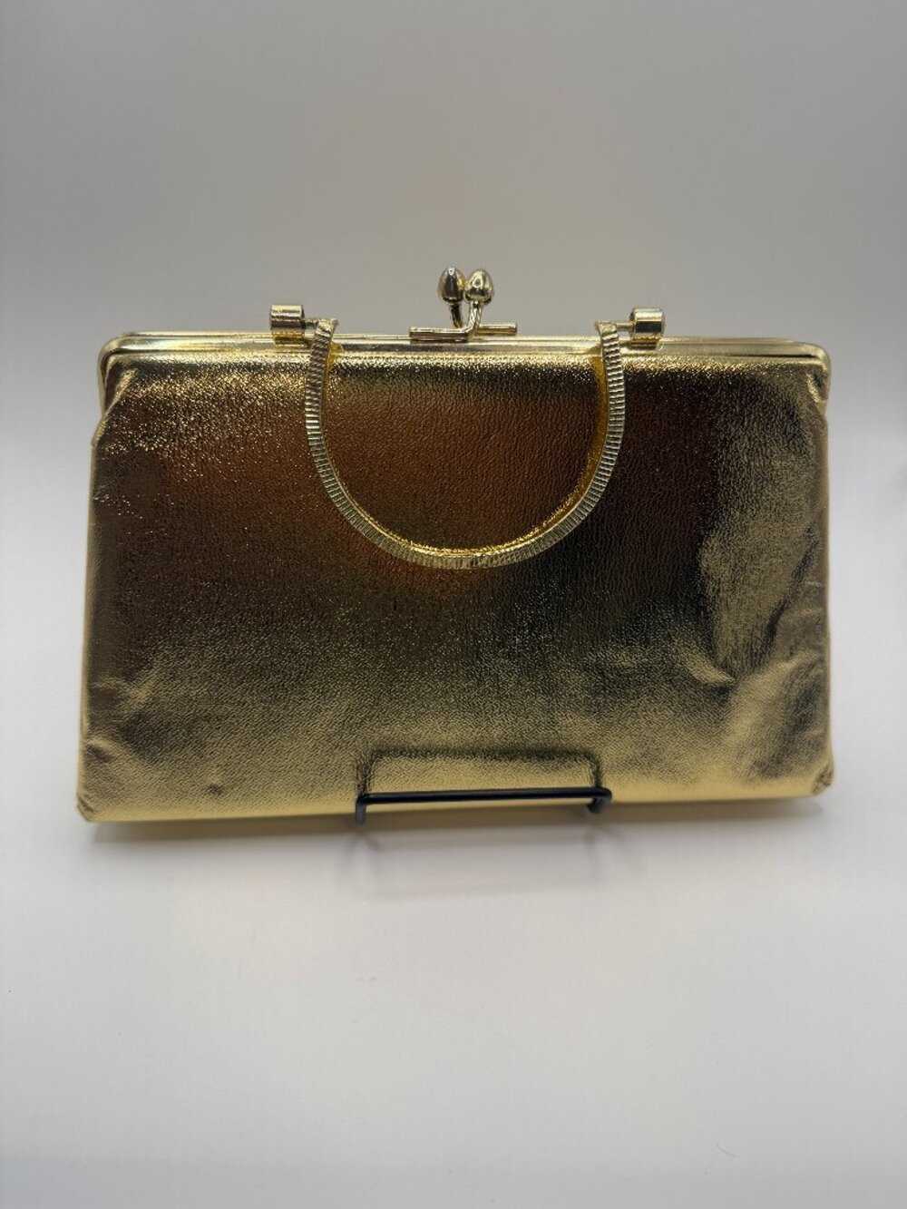 Vintage Gold Lamé Clutch Purse Kiss Lock Top Handle Evening Bag Mod Glam